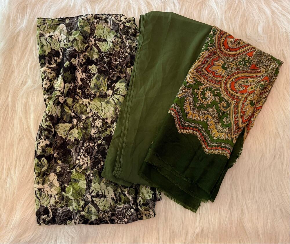 Green Scarf Bundle: Lacy Floral, Solid Long Wrap, & Geometric Square